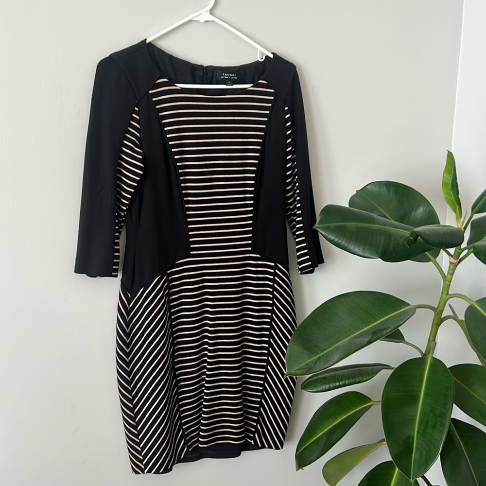 Tahari black and cream striped dress, 3/4 length sleeve